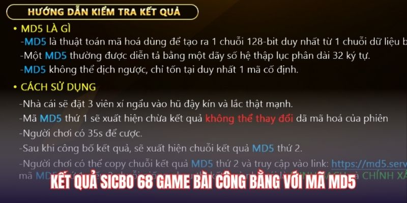 Kết quả Sicbo 68 game bài công bằng với mã MD5